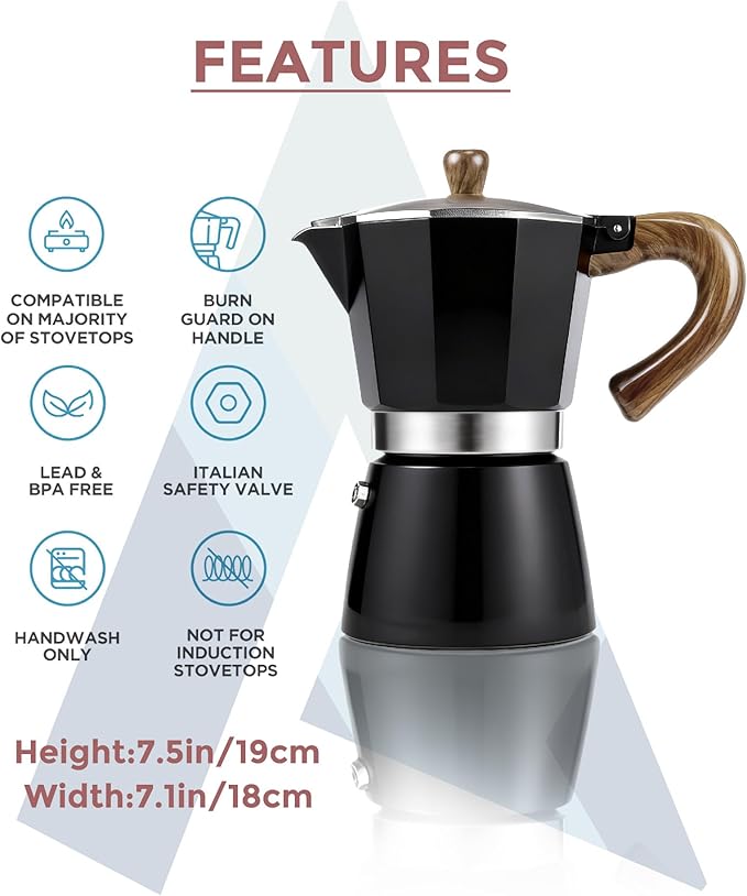 AGOGO Milano Moka Pot, Stovetop Espresso Maker, Greca, Coffee Percolator, Turkish Coffee Maker with Paper Filter 6 Cup Black