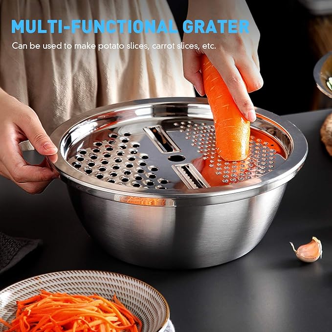 Cabilock Graters for Kitchen Handheld Stainless Steel Drain Basket Vegetable Cutter 3 In 1 Kitchen Multipurpose Grater Salad Bowl For Home (Silver) Colanders & Food Strainers