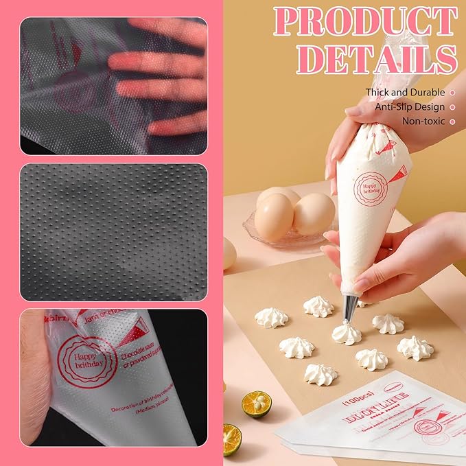 200 Pcs Disposable Cream Pastry Bag Cake Icing Piping Decorating Tool Cupcake Decorating Piping Icing Bag (Red)