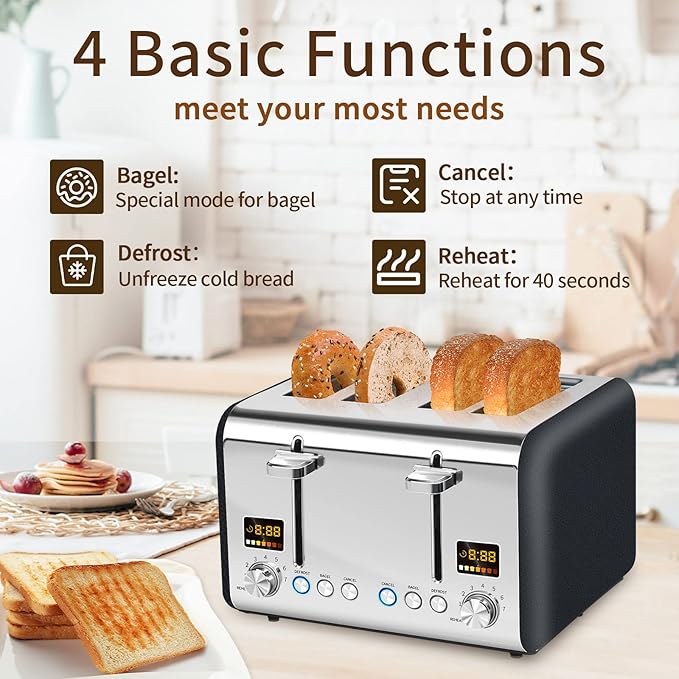 SEEDEEM 4 Slice Stainless Toaster - Color LCD Display, 7 Shade Settings, 1.5'' Wide Slots, Bagel/Defrost/Reheat Functions, Removable Crumb Tray, Dark Chocolate, 1800W