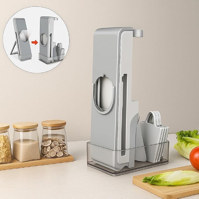 Mandoline Slicer Adjustable – Safe Vegetable Chopper & Potato Slicer with Container – Multifunctional Food Cutter Dicer for Salad & Fries – Kitchen Tool Gift Set (Grey)