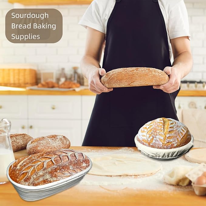4 Color Complete sourdough bread makin Starter Kit,Sourdough Bread Baking Supplies for Beginner with Pot, Banneton Bread Proofing Baskets, Starter Jar, Scraper, Bread Making Tools & More (White)