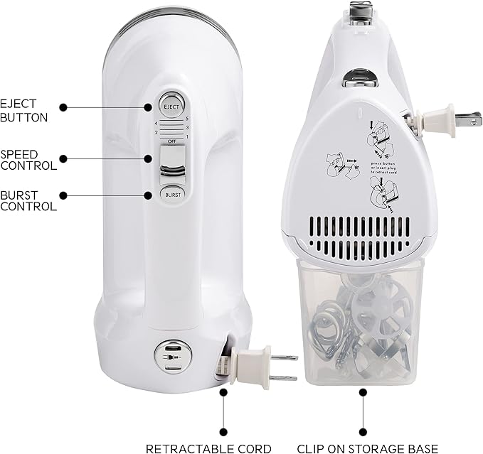 Kenmore Electric Hand Mixer – 5 Speed Handheld Blender, Electric Egg Beater with Whisk, Beater, Dough Hooks, Storage Case, Turbo Boost for Cake Mix, Batidora de Mano Eléctrica