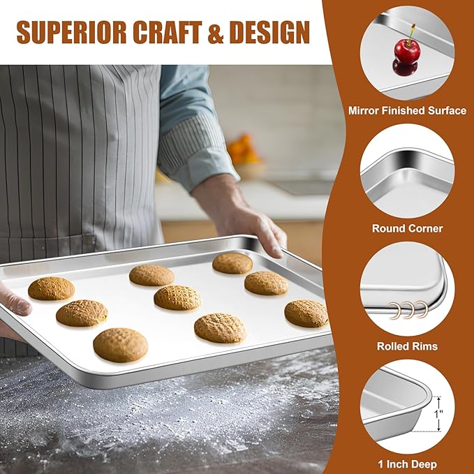TeamFar Baking Sheet Set of 3, 17.6/16/ 12.5 Inch Stainless Steel Cookie Sheets Baking Pans, Metal Oven Baking Tray for Cooking Roasting Serving, Non-Toxic & Mirror Finish & Dishwasher Safe