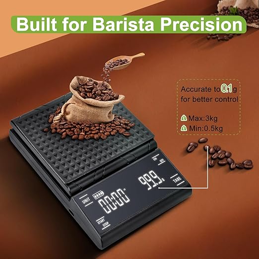 Coffee Scale with Timer, Rechargeable Espresso Scale & Coffee Bean Scale - 3kg/0.1g Precise Small Digital Kitchen Scale for Espresso Accessories Kit, Pour-Over, and Multi-Purpose Use