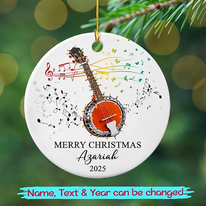 Personalized Banjo Musical Ceramic Ornament Gift for Banjo Player Daughter Son Dad Mom Friends, Customized Text Year Name Banjoist Christmas Ornament 2025, Unique Banjos Instrument Ceramic Ornaments