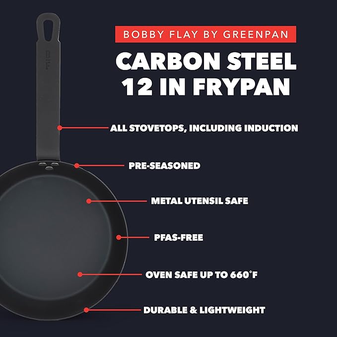 GreenPan x Bobby Flay 12" Carbon Steel Frying Pan Skillet, Pre-Seasoned Ready to Use, Nontoxic, PFAS-Free, Induction Compatible, High Heat & Oven Safe Durable Cookware, Cast Iron Alternative