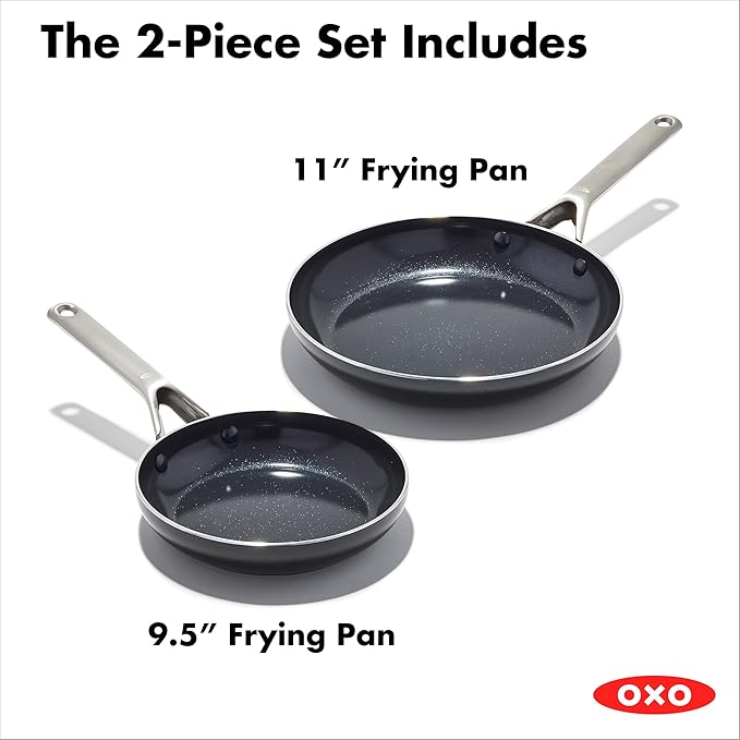 OXO Agility Series 9.5" and 11” Frying Pan Skillet Set, Ceramic Nonstick Cookware PFAS-Free Induction Suitable Quick Even Heating, Stainless Steel Handle, Chip-Free Rims Dishwasher and Oven Safe Black