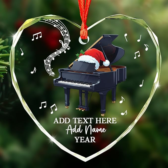 Customized Text Name & Year Piano Christmas Glass Ornament, Piano Lover Christmas Ornaments 2025, Personalized Pianist Xmas Tree Ornament, Musical Instrument Xmas Decor Gift for Son Daughter