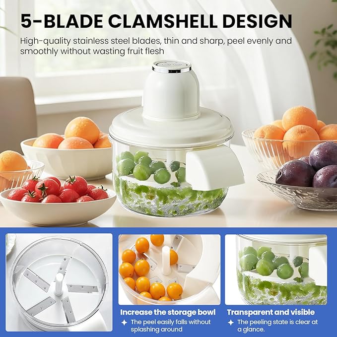 Electric Grape Peeling Machine, Garlic Peeling Machine, Automatic Peeler, Garlic Peeler Skin Remover Commercial Fruit Rechargeable Milk Tea Fruit Shop Special Equipment (White)