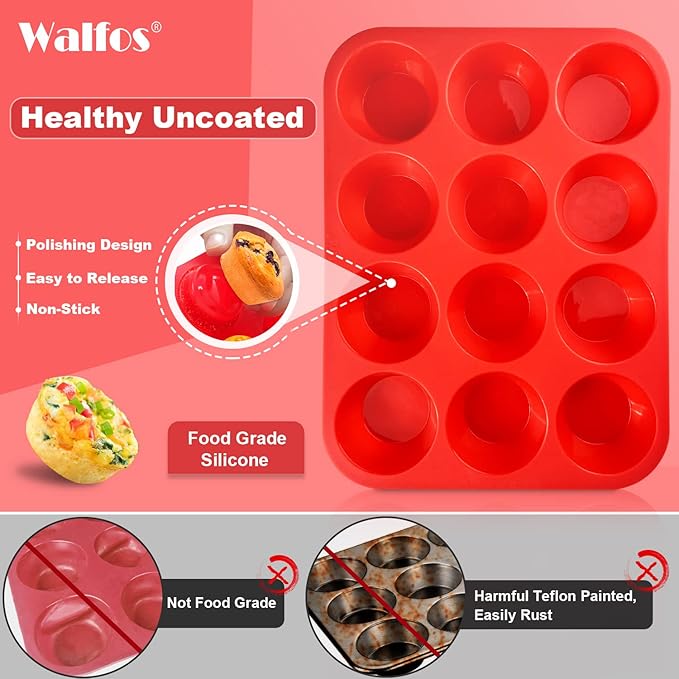 Walfos Silicone Muffin Pan Set - Regular 12 Cups Silicone Muffin Pan and Mini 24 Cups Cupcake Pan - BPA Free and Dishwasher Safe, Great for Making Muffin Cakes, Tart, Bread
