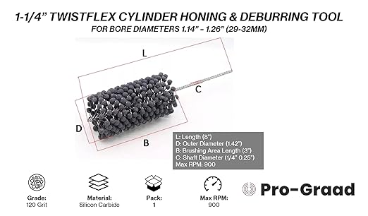 TwistFlex 1-1/4" 120SC Cylinder Hone | 1.25" (31.8mm) Flexible Cylinder Honing & Deburring Tool | Bore Brush for Hole Diameters 1.12” – 1.25” | Silicon Carbide 120 Grit | 8" Length