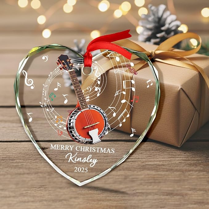 Customized Banjo Musical Glass Ornament Xmas Tree, Personalized Text Year Name Musical Instrument Ornaments Gift for Banjo Lover Brother Sister Dad Mom Parents,Unique Banjos Instrument Glass Ornament