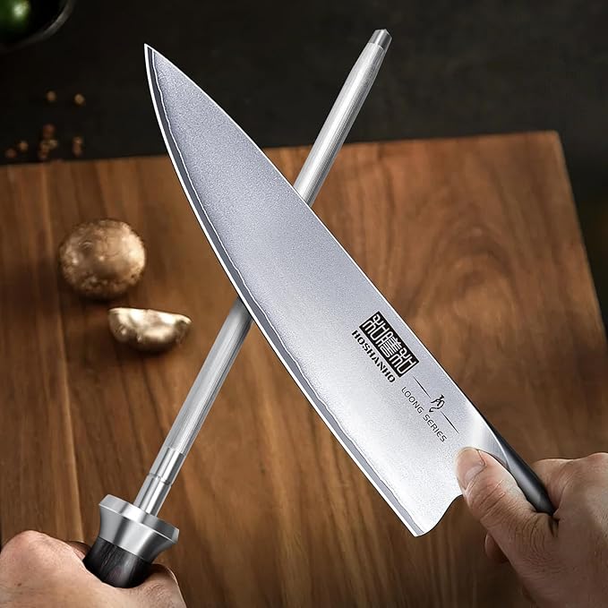HOSHANHO Honing Rod,10 Inch Professional Kitchen Knife Sharpener Rod, Japanese High Carbon Knife Sharpening Steel with Ergonomic Pakkawood Handle, Ideal for All Chef Knives