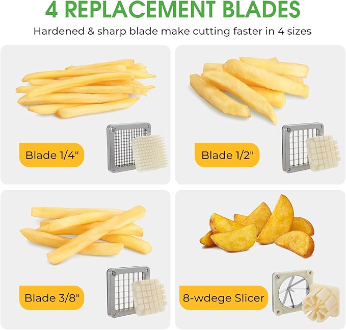 4in1 Commercial French Fry Cutter & Lemon Slicer & Vegetable Chopper - Stainless Steel with Extended Handle - 4 Blades for Home, Bar, Restaurant - Dice, Slice & Chop 1/2", 3/8", 1/4", 8 Wedge