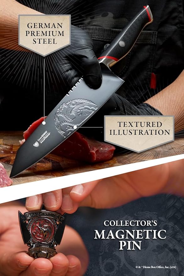 Dalstrong 8 inch Chef Knife- Game of Thrones™ Knife - House Targaryen™ Edition - German Premium Steel - Professional G10 Handle -Collection Item Toughbuilt Knife- w/Sheath