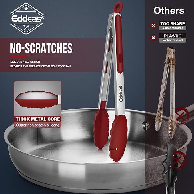 Tongs For Cooking - 7",9" and 12 inch Kitchen Tong with Silicone Tip,Heat Resistant 600 Degrees Metal Locking Tongs - for cooking,Salad and Barbecue,Red Set of 3