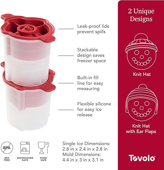 Tovolo Knitted Hat Snowman Ice Mold Set of 2 Holiday Sphere Ice Makers for Cocktails, Christmas Ice Ball Mold for a Festive Holiday Gift, BPA Free Silicone Dishwasher Safe Ice Molds