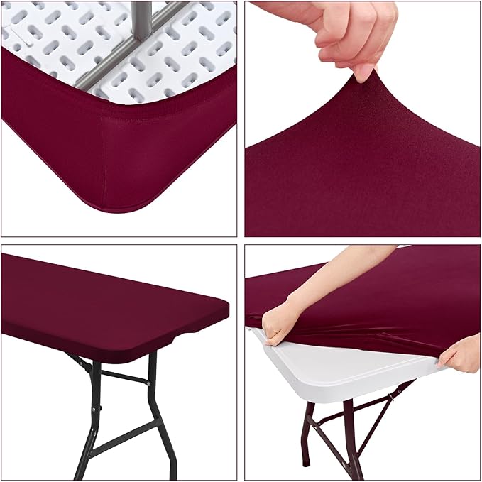 6 Pack Stretch Fabric Table Top Cap Cover, fits 6' Tables, Spandex Table Covers Washable Elastic Rectangle Tablecloth Protector for Indoor Outdoor Party Picnic Wedding, Wine Red, 30" W x 72" L