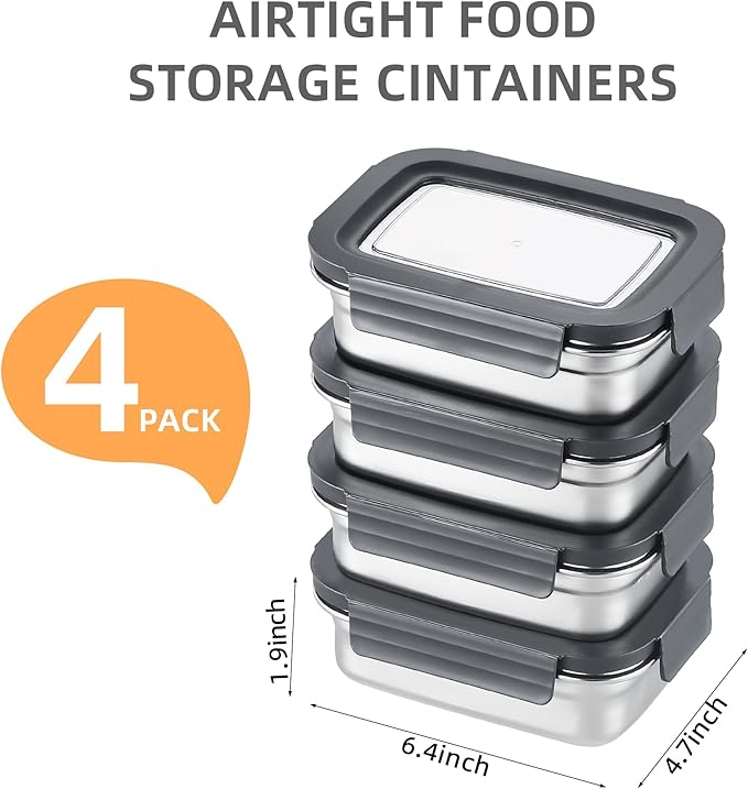 BEFOY 4PCS Stainless Steel Food Storage Container with Lids Bento Lunch Box Leak Proof & Airtight for Kitchen Meal Prep freezer Reusable & Stackable Oven Dishwasher Safe (650 * 4)