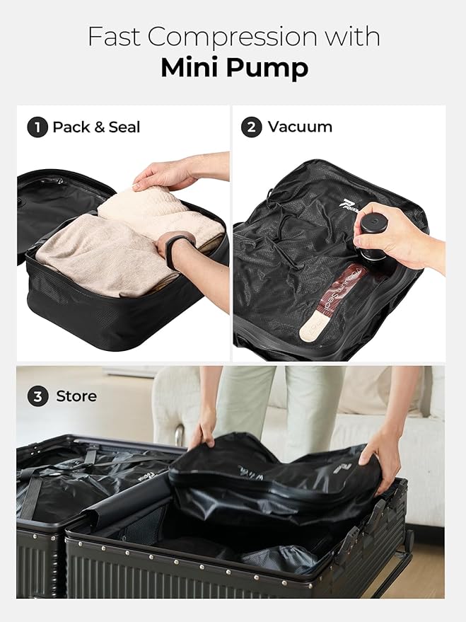Vacuum Bags for Travel with Wireless Pump, 180° Open Zipper, IP67 Waterproof, Reusable Space Saver Compression Bags for Backpack, Suitcase, Home Storage(3 Pack + Pump)