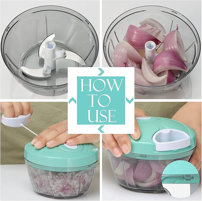 Ourokhome Manual Food Processor Vegetable Chopper, Portable Hand Pull String Garlic Mincer Onion Cutter for Veggies, Ginger, Fruits, Nuts, Herbs, etc., 500ml, Teal