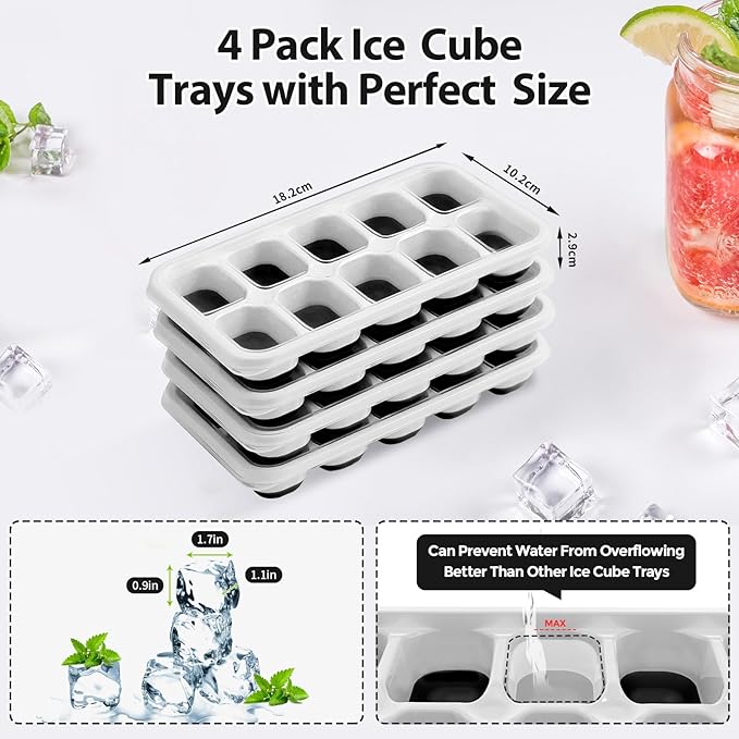 DOQAUS Ice Cube Trays 4 Pack, 40 pcs Silicone Ice Cubes Tray Maker with Spill-Resistant Removable Lid, Easy Release & Pop out, LFGB and BPA Free, Stackable Flexible, for Soup, Food, Cocktail, Coffee
