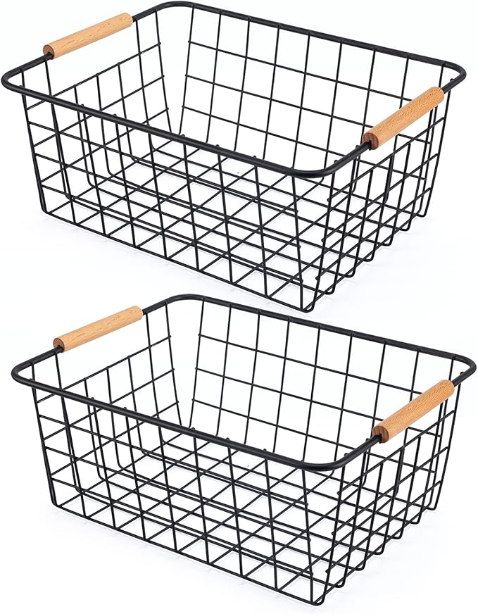 Black 2PCS Wire Storage Baskets with Wooden Handles - Organizing Pantry and Kitchen Cabinets - Metal Wire Food Storage Basket