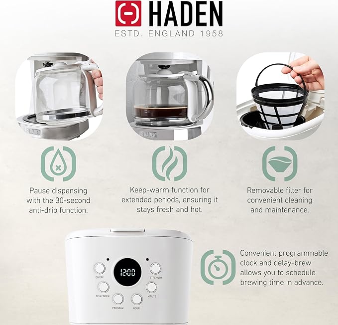 Haden Heritage 4 Slice Wide Slot Stainless Steel Toaster Bundled with 12 Cup Programmable Drip Coffee Maker Coffee Machine, Ivory & Chrome