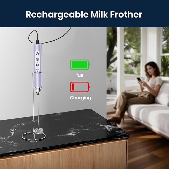 Milk Frother with Stand Rechargeable- Handheld Coffee Frother with 3 Stainless Whisks 3 Speed Adjustable, Electric Whisk Drink Mixer, Foam Maker Blender for Matcha Latte Cappuccino Chocolate