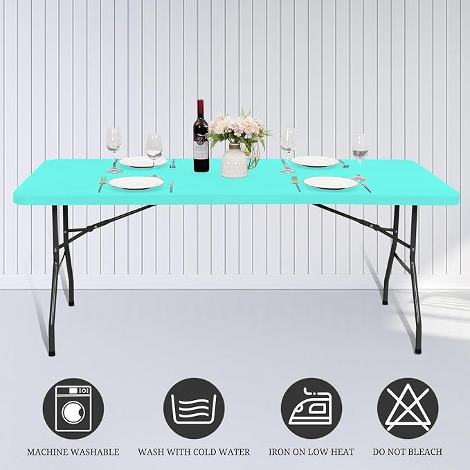 10 Pack Fitted Tablecloth for 6 Foot Rectangle Tables, Aqua Blue Elastic Outdoor Picnic Table Cover, Washable Stretch Folding Table Cloths 6 ft for Camping Party Patio Kitchen Banquet, 30" W x 72" L