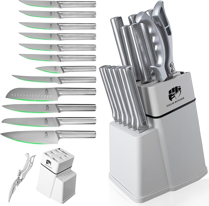 FULLHI 14pcs Knife Block Set, Dishwasher Safe Kitchen Knife Set with Built-in Sharpener, Stainless Steel Chef Knives Set with Knife Holder Kitchen Scissors