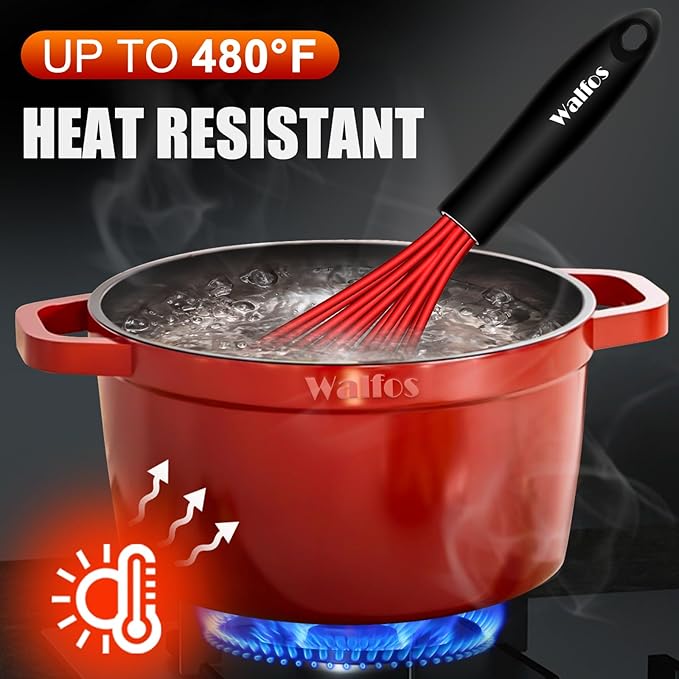 Walfos Whisk,Silicone Whisk Non Scratch-Whisks for cooking set of 4 Heat Resistant(480°F).Nice for Blending Beating Stirring and Kitchen Cooking &Baking.BPA Free and Dishwasher safe.(5+7+9+11inch )Red