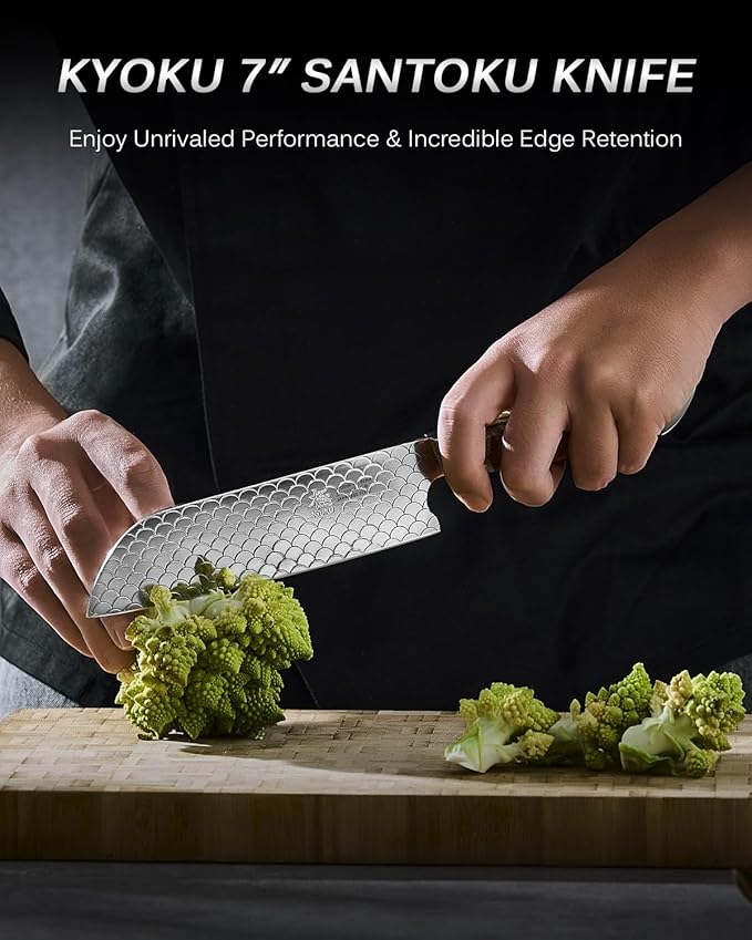 KYOKU 7" Santoku Knife with Non-Stick Koi Scale Pattern, Japanese VG10 Stainless Steel Chef Knife with Sheath & Gift Box, Shogun Koi Series Full Tang Professional Kitchen Knife with Camphorwood Handle