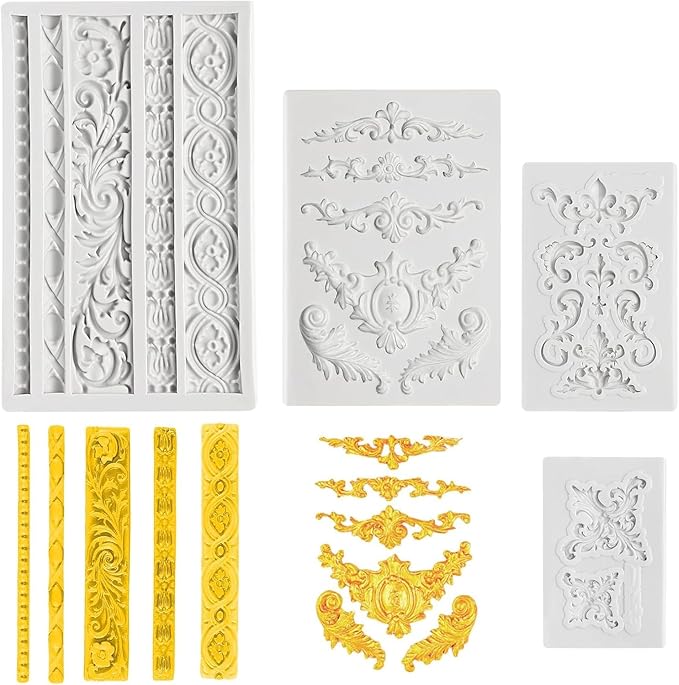 4 Pcs Baroque Style Silicone Molds Curlicues Scroll Lace Fondant Molds Relief Flower Mould Filigree Mold 3D Sculpted for Gummy Sugar, Cupcake Topper, Polymer Clay, Crafting Projects