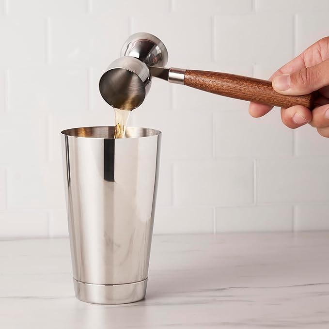 True Double Jigger with Acacia Handle, Bar Supplies, Drink Tools, Craft the Perfect Cocktails, 1oz & 1.25oz Capacities, Stainless Steel