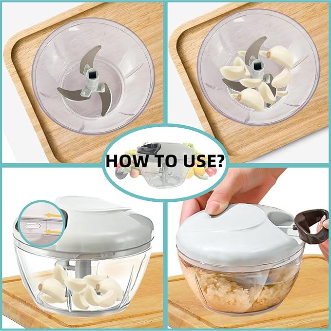 Manual Food Processor Vegetable Chopper, Hand Pull String Garlic Mincer Cutter for Veggies, Fruits, Nuts, Meat, Salad,500ml Gray