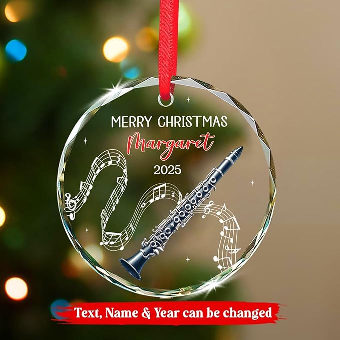 Clarinet Player Christmas Glass Ornament, Personalized Clarinet Xmas Ornament Gifts for Musical Instrument Player, Clarinettist Christmas Keepsake, Custom Text & Name Musician Glass Ornaments 2025
