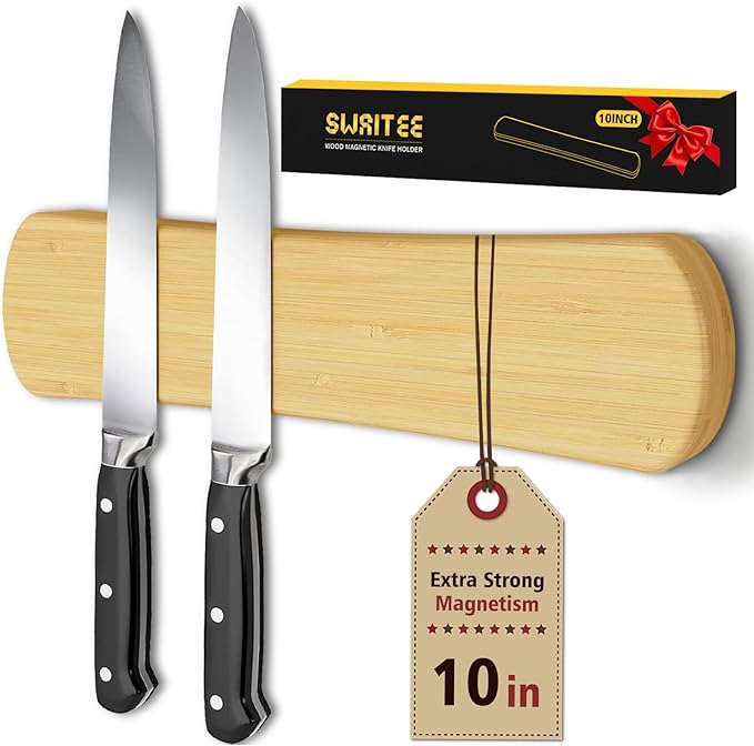 Magnetic Knife Holder for Wall, 10 Inch Bamboo Strong Magnetic Knife Strip, Small Kitchen Storage Space Savers, Rv/Apartment/Farmhouse Accessories Organizer, Housewarming Gifts for New Home