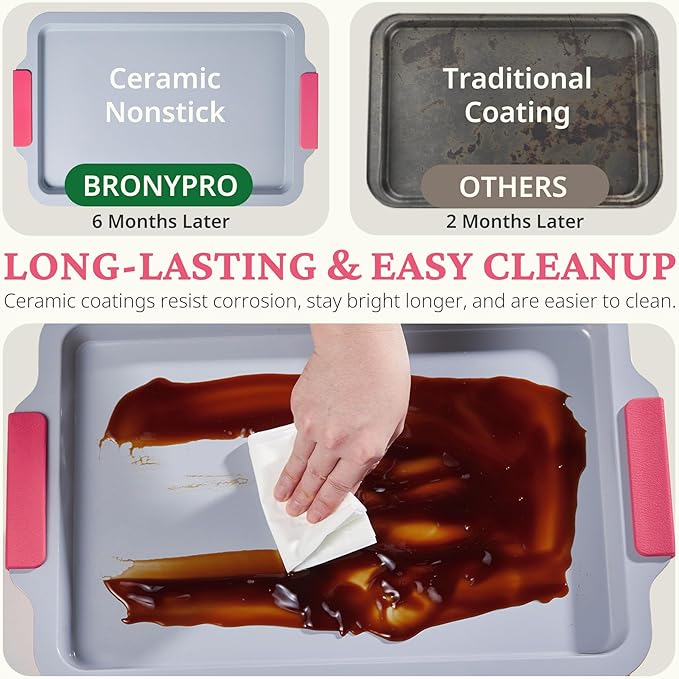 BRONYPRO Non Stick Ceramic Baking Sheet Pan Set of 3, Natural Non Toxic Cookie Sheets for Baking - PFOA, PTFE Free, Aluminized Steel Oven Trays for Cooking with Silicone Handles, Rose Red