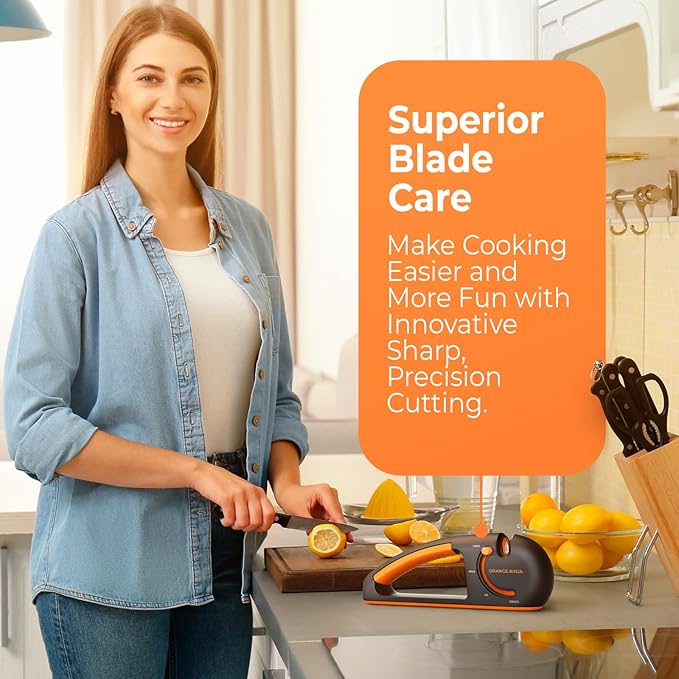 Orange Ninja 4-Stage Knife Sharpener & Serrated Knife Sharpener– Repairs, Sharpens & Polishes Blades with Ergonomic Non-Slip Grip
