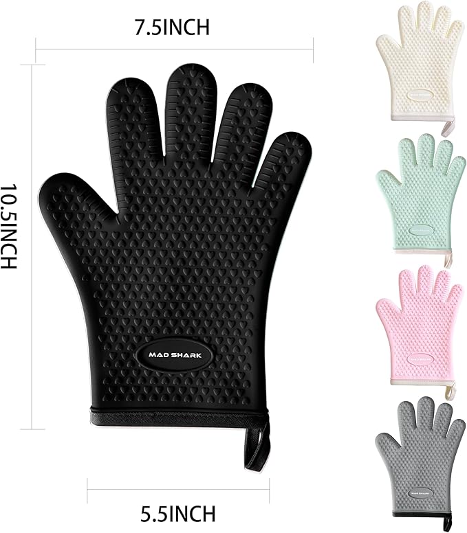MAD SHARK Silicone Oven Mitts Heat Resistant 450 Degrees,Waterproof & Non-Slip Oven Gloves with Fingers,Cotton Lined Silicone Oven Gloves Kitchen Mitts for Baking Cooking Barbecue,Women,Oven(Black)