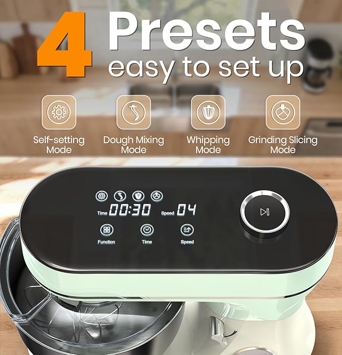 Stand Mixer 6QT Kitchen Mixer with LED Smart Touchscreen, 11-Speed Tilt-Head Mixer with Timer, 4 Preset Menus, Stainless Steel Bowl, Dough Hook, Whisk, Beater,Green