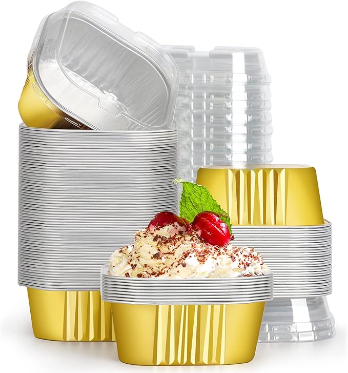 EUSOAR Baking Cups with Lids, 10oz 100pcs Gold Aluminum Foil Oven Loaf Pan Disposable Ramekins Liners for Pie Quiche Flan Soufflé Creme Brulee, Cake Pan Custard Cups Set for Dinner Wedding Banquets