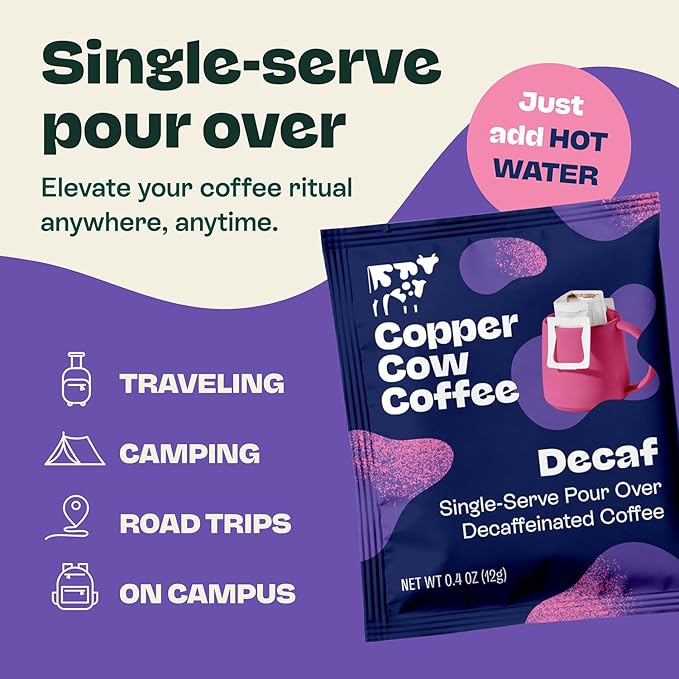 Copper Cow Coffee Premium Pour Over Single-Serve Vietnamese Coffee Pouches (8 pack) | Decaf | Dark Roast | Convenient Vietnamese Ground Coffee Packets, Travel Friendly