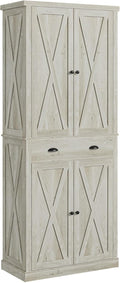 IRONCK Kitchen Pantry Storage Cabinet 83.9" H, with Barn Doors, Drawer, 4 Adjustable Shelves, Freestanding Cupboard for Dining Room Living Room, Laundry, Rustic Maple