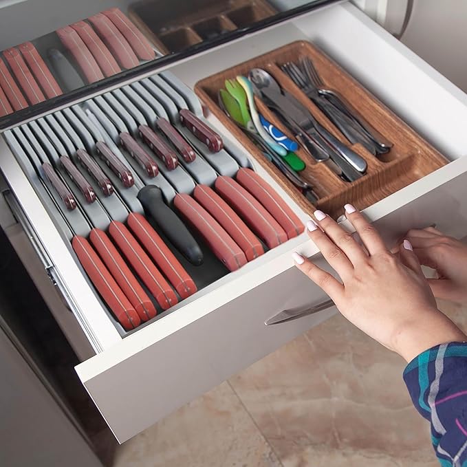 Drawer Knife Organizer,Kitchen Knife Drawer Organizer Insert Hold 16 Knives and 1 Sharpening Steel (Not Included) Large Chefs Knives Holder Storage Set for Kitchen Drawer Neat and Orderly