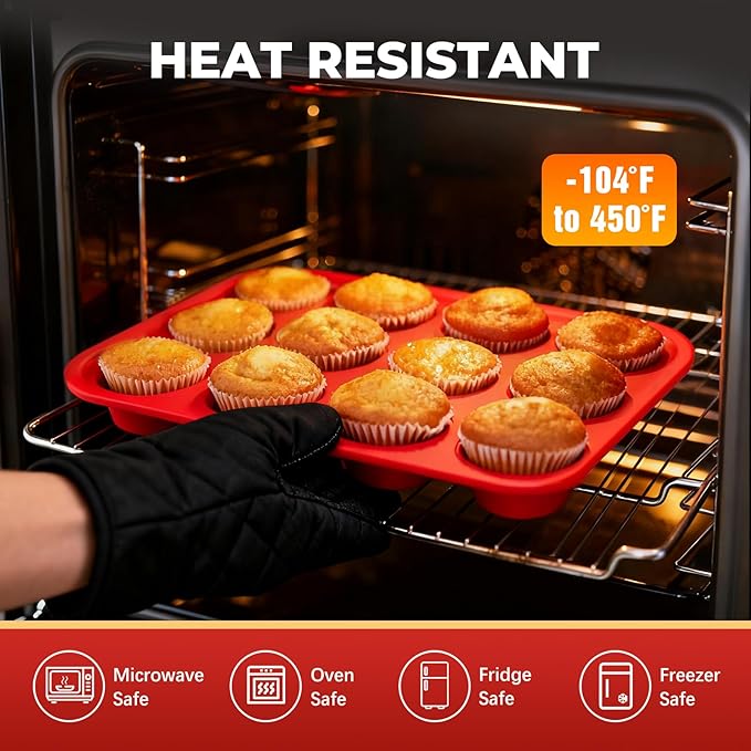 Samuelworld Silicone Muffin Pan for Baking: 24 Cup Muffin Pan with Metal Reinforced Frame, Regular Size Cupcake Egg Bites Molds for Baking, BPA Free Silicone Muffin Tray, 2 Pack, Red (With Scooper)