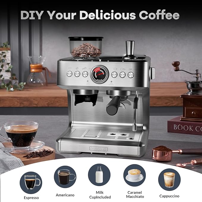 Garvee Espresso Machine with Grinder & Milk Frother, 20 Bar Professional Pressure & 95Oz Large Water Tank, Semi-Automatic Coffee Maker for Cappuccino/Latte/Macchiato, Design for Home Barista