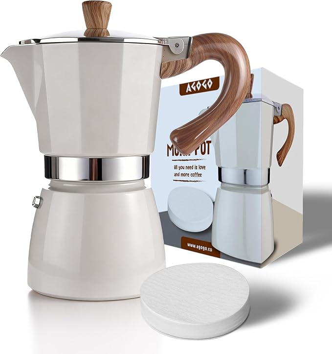 AGOGO Milano Moka Pot, Stovetop Espresso Maker, Greca, Coffee Percolator, Turkish Coffee Maker with Paper Filter, 6 Cup, Cream Color